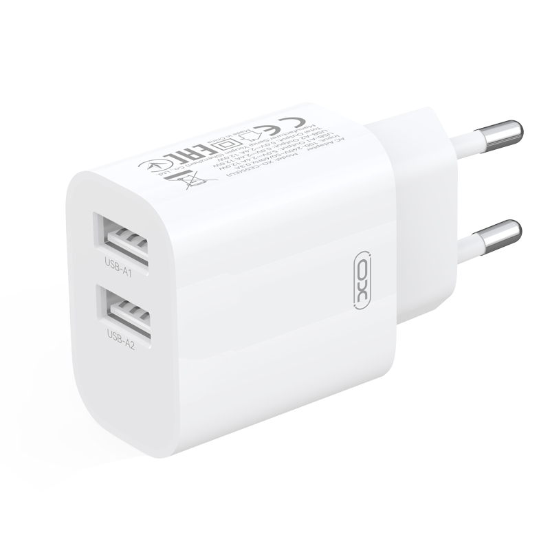 Φορτιστής πρίζας με καλώδιο USB-C XO Design CE55, 12W, 2.4A, 2 x USB-A, Λευκός