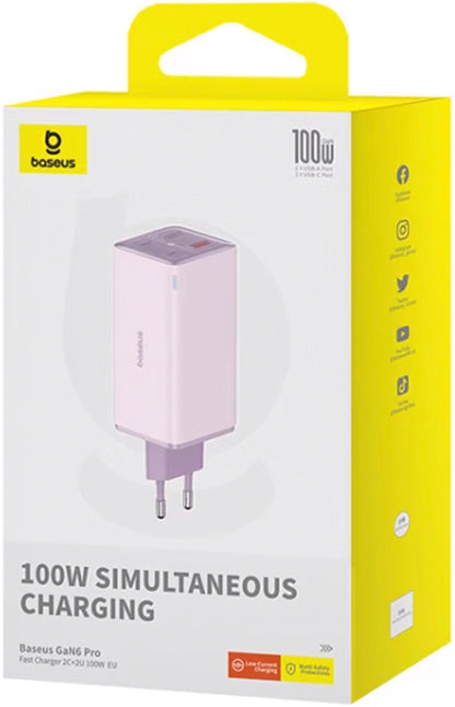 Φορτιστής Δικτύου με Καλώδιο USB-C Baseus GaN6 Pro, 100W, 3.25A, 2 x USB-A - 2 x USB-C, Μωβ P10162705532-00