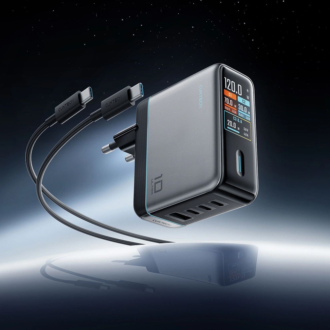 Φορτιστής Δικτύου με Καλώδιο USB-C Cuktech AD1204U Οθόνη, 120W, 6A, 1 x USB-A - 2 x USB-C, Ασημί