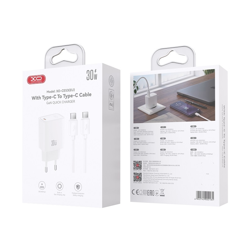 Φορτιστής δικτύου με καλώδιο USB-C XO Design CE53, 30W, 3A, 1 x USB-C, λευκό