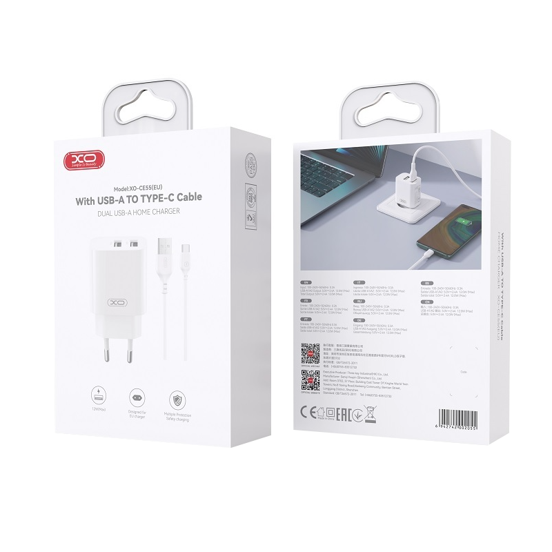 Φορτιστής πρίζας με καλώδιο USB-C XO Design CE55, 12W, 2.4A, 2 x USB-A, Λευκός