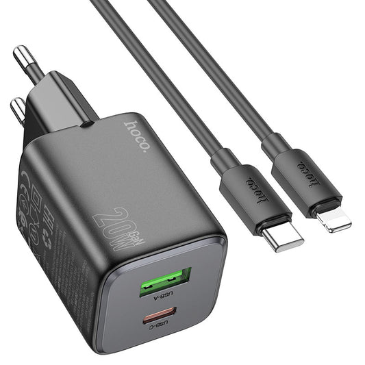Network Charger with Lightning Cable HOCO N41, 20W, 3A, 1 x USB-A - 1 x USB-C, Black
