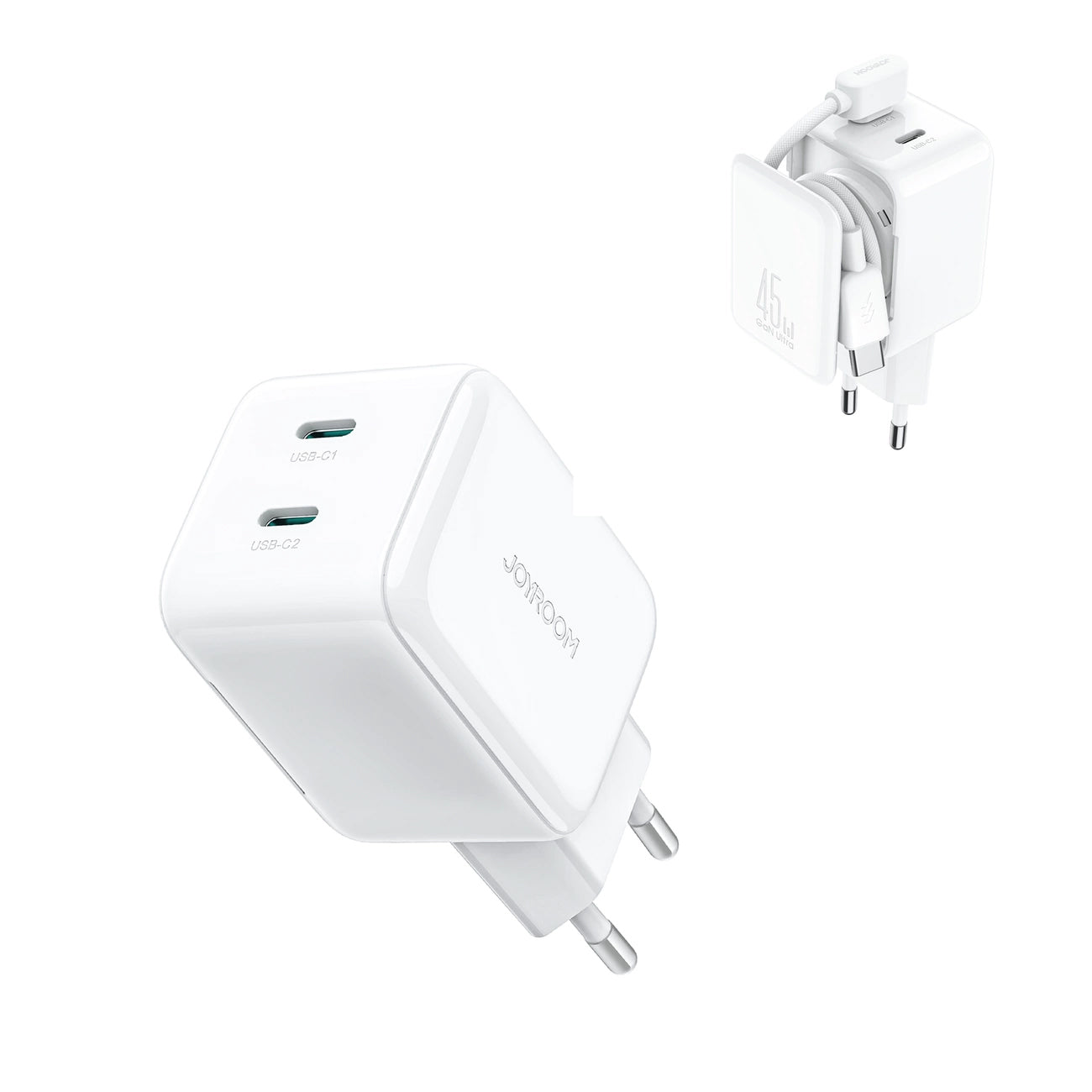 Φορτιστής Δικτύου με Καλώδιο USB-C Joyroom JR-TCL05, 45W, 3A, 2 x USB-C, Λευκό
