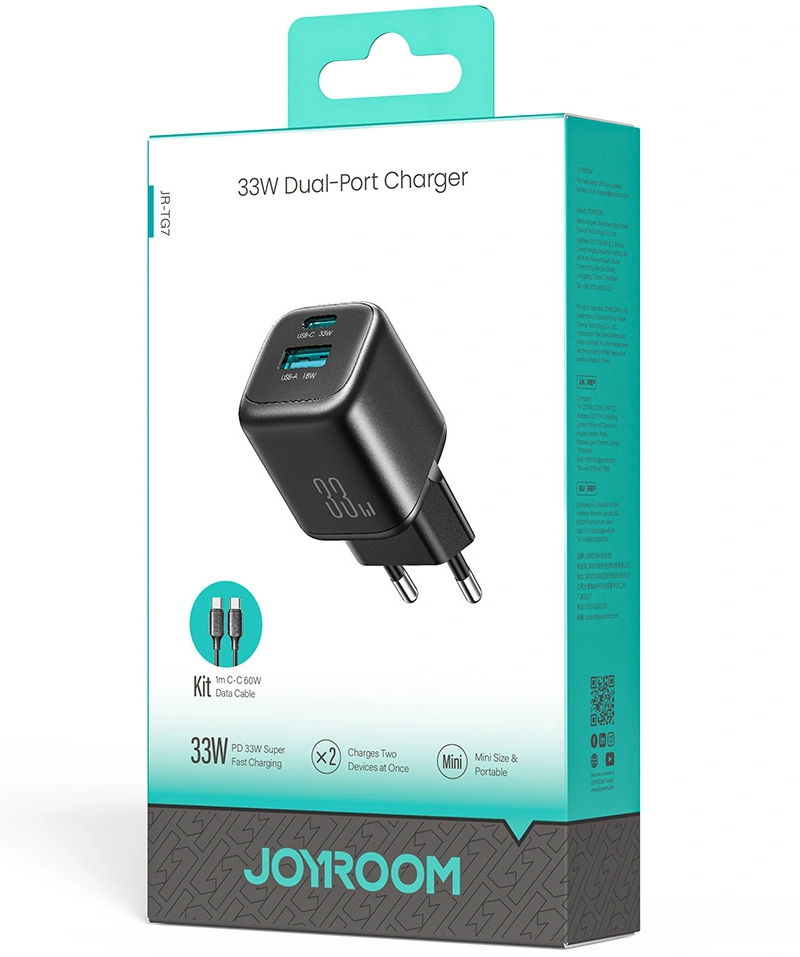Φορτιστής Δικτύου με Καλώδιο USB-C Joyroom JR-TG7, 33W, 3A, 1 x USB-A - 1 x USB-C, Μαύρο