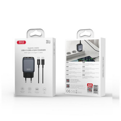 Φορτιστής Δικτύου με Καλώδιο USB-C XO Design L156, 30W, 3A, 1 x USB-A - 1 x USB-C, Μαύρο