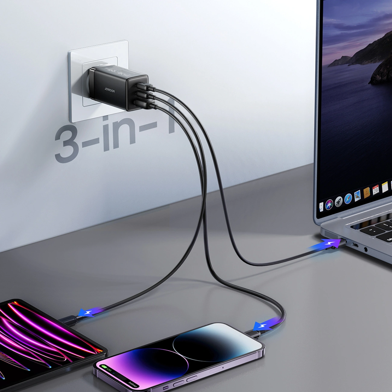Joyroom JR-TG10 USB-C Cable Wall Charger, 65W, 3.25A, 1 x USB-A - 2 x USB-C, Black