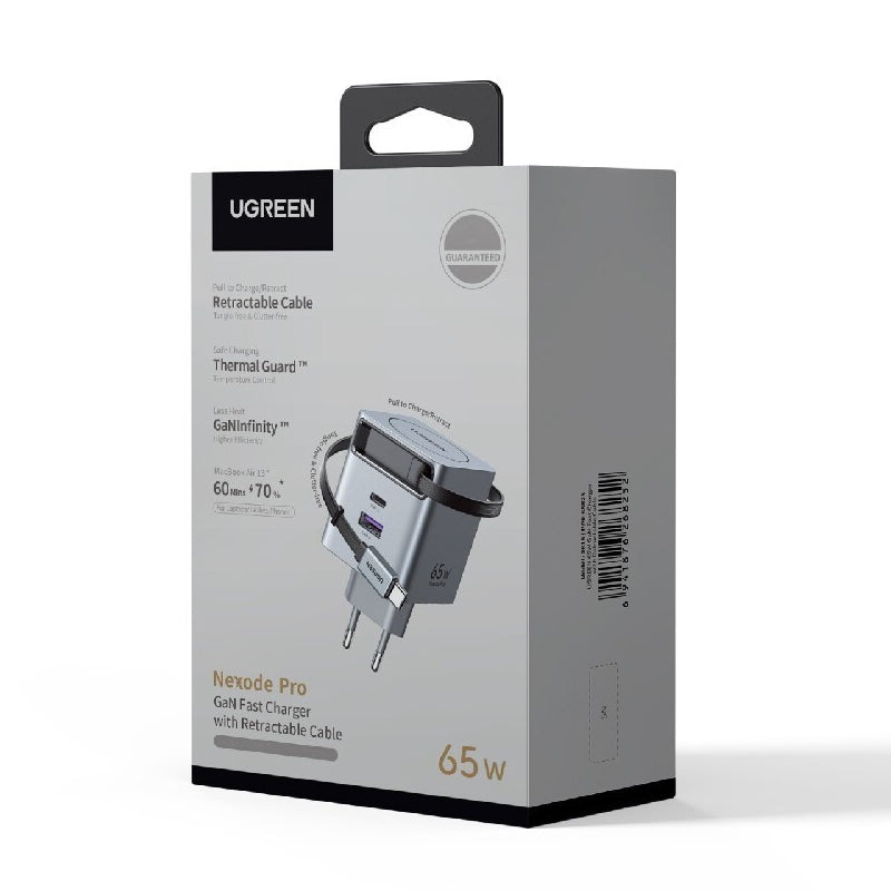 Φορτιστής Δικτύου με Καλώδιο USB-C UGREEN X615, 65W, 3A, 1 x USB-A - 1 x USB-C, Γκρι