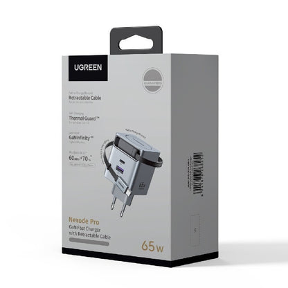 Φορτιστής Δικτύου με Καλώδιο USB-C UGREEN X615, 65W, 3A, 1 x USB-A - 1 x USB-C, Γκρι