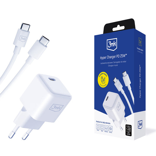 Φορτιστής Δικτύου με Καλώδιο USB-C 3MK Hyper, 25W, 3A, 1 x USB-C, Λευκό