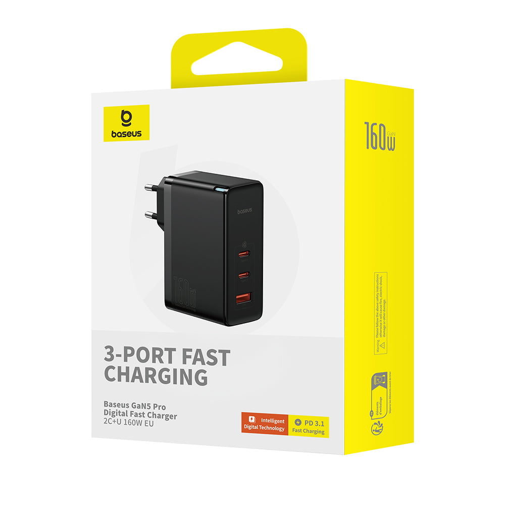 Baseus GaN5 Pro Network Charger with USB-C Cable, 160W, 5A, 1 x USB-A - 2 x USB-C, Black P10110825113-00