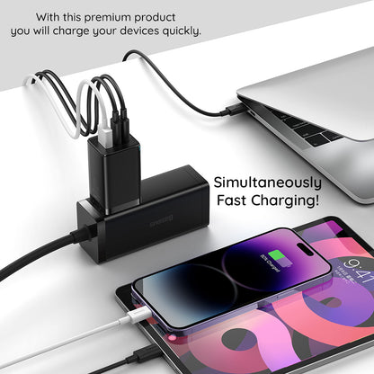 Φορτιστής Δικτύου με Καλώδιο USB-C Baseus GaN5 Pro, 65W, 3.25A, 1 x USB-A - 2 x USB-C, Μαύρος C0206500