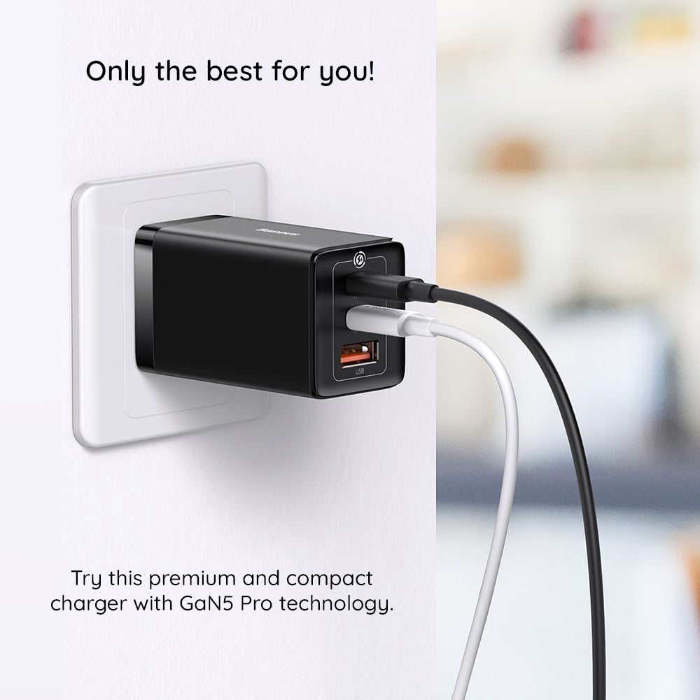Φορτιστής Δικτύου με Καλώδιο USB-C Baseus GaN5 Pro, 65W, 3.25A, 1 x USB-A - 2 x USB-C, Μαύρος C0206500