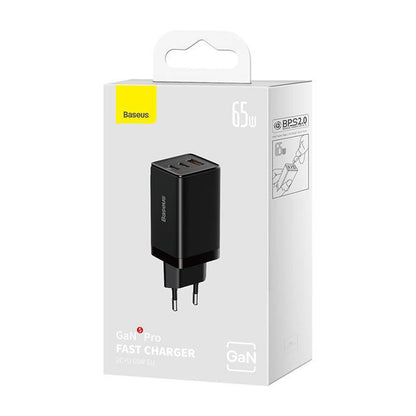 Φορτιστής Δικτύου με Καλώδιο USB-C Baseus GaN5 Pro, 65W, 3.25A, 1 x USB-A - 2 x USB-C, Μαύρος C0206500