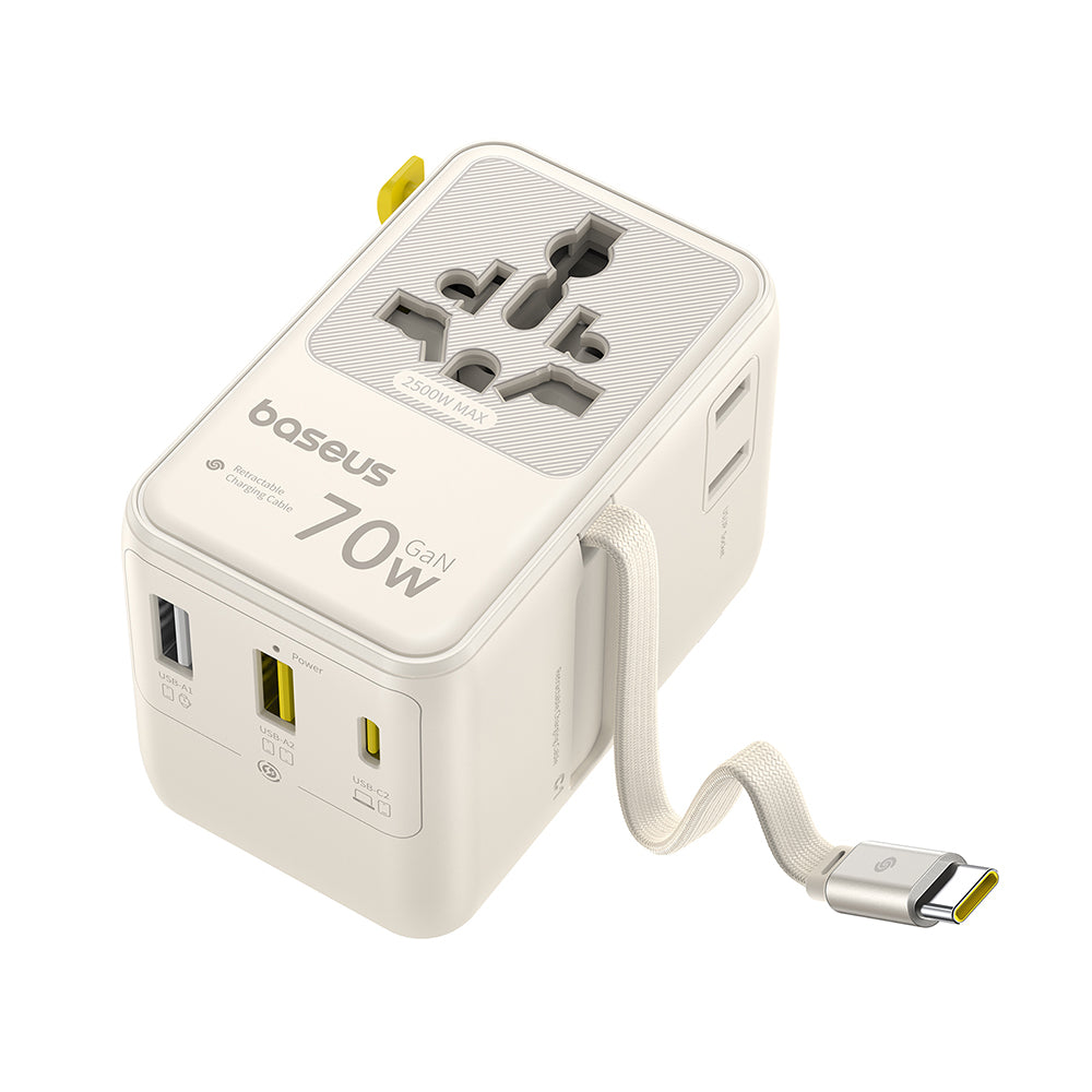 Φορτιστής Δικτύου με Καλώδιο USB-C Baseus Travel EnerCore CG11, 70W, 2 x Πρίζα - 1 x USB-C - 2 x USB-A, Λευκό E0307E01