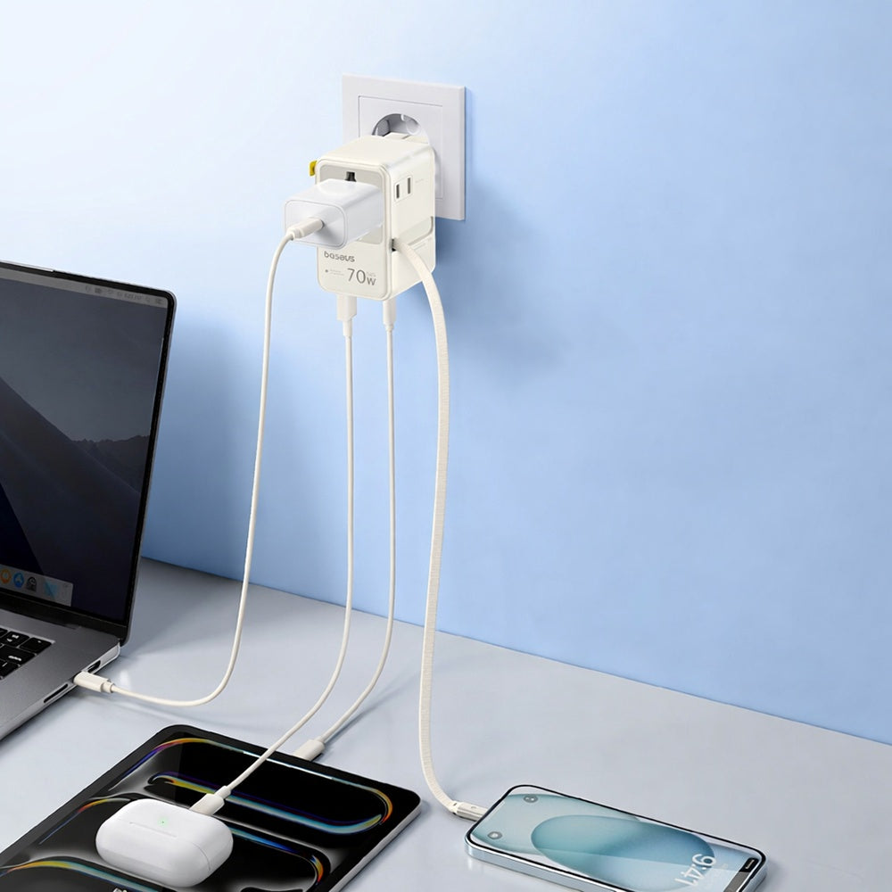 Φορτιστής Δικτύου με Καλώδιο USB-C Baseus Travel EnerCore CG11, 70W, 2 x Πρίζα - 1 x USB-C - 2 x USB-A, Λευκό E0307E01