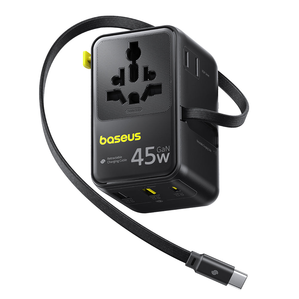 Φορτιστής Δικτύου με Καλώδιο USB-C Baseus Travel PicoGo AG11, 45W, 2 x Πρίζα - 1 x USB-C - 2 x USB-A, Μαύρο E0307F00