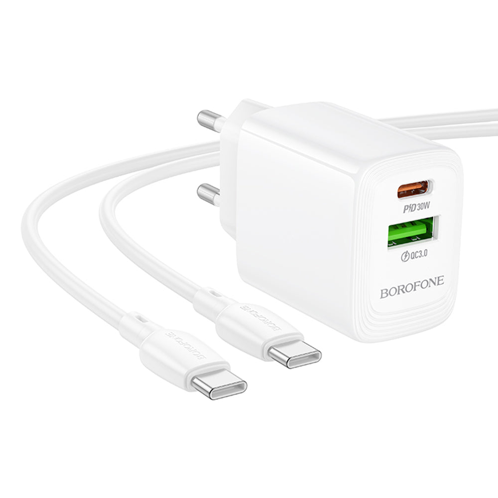 Φορτιστής Δικτύου με Καλώδιο USB-C Borofone BN29 Fuente, 30W, 3A, 1 x USB-A - 1 x USB-C, Λευκό
