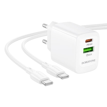 Φορτιστής Δικτύου με Καλώδιο USB-C Borofone BN29 Fuente, 30W, 3A, 1 x USB-A - 1 x USB-C, Λευκό