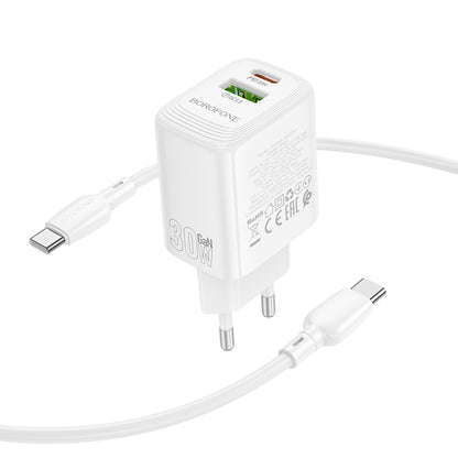 Φορτιστής Δικτύου με Καλώδιο USB-C Borofone BN29 Fuente, 30W, 3A, 1 x USB-A - 1 x USB-C, Λευκό