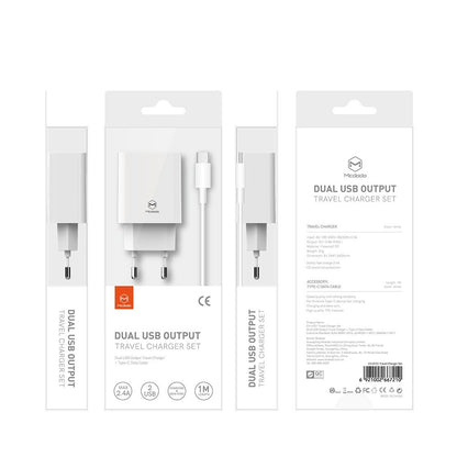 Φορτιστής Δικτύου με Καλώδιο USB-C McDodo CH-6721 Προσφορά, 12W, 2.4A, 2 x USB-A, Λευκό