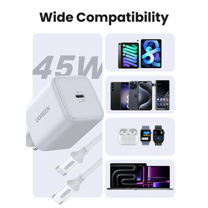 Φορτιστής Δικτύου με Καλώδιο USB-C UGREEN X524 (65055), 45W, 3A, 1 x USB-C, Λευκό