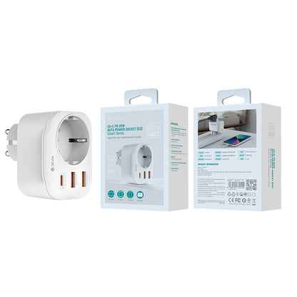 Φορτιστής Δικτύου DEVIA WW09-F-PD, 20W, 3A, 2 x USB-A - 1 x USB-C - 1 x Schuko, Λευκό