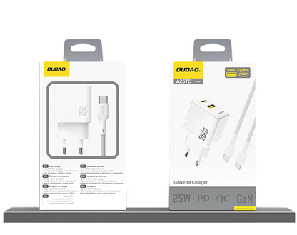 Φορτιστής Δικτύου Dudao A26T, 25W, 3A, 1 x USB-A - 1 x USB-C, Λευκό