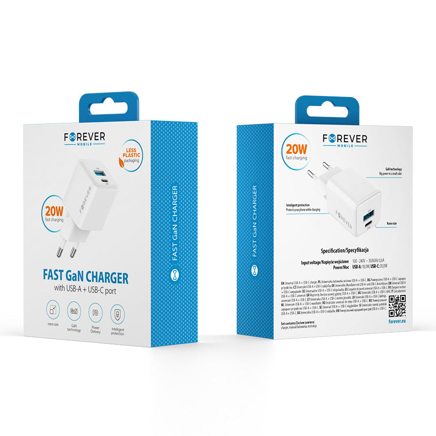 Φορτιστής Δικτύου Forever TC-08-20AC, 20W, 3A, 1 x USB-A - 1 x USB-C, Λευκό