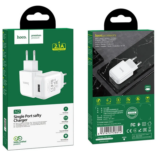HOCO N2 Wall Charger, 10W, 2A, 1 x USB-A, White