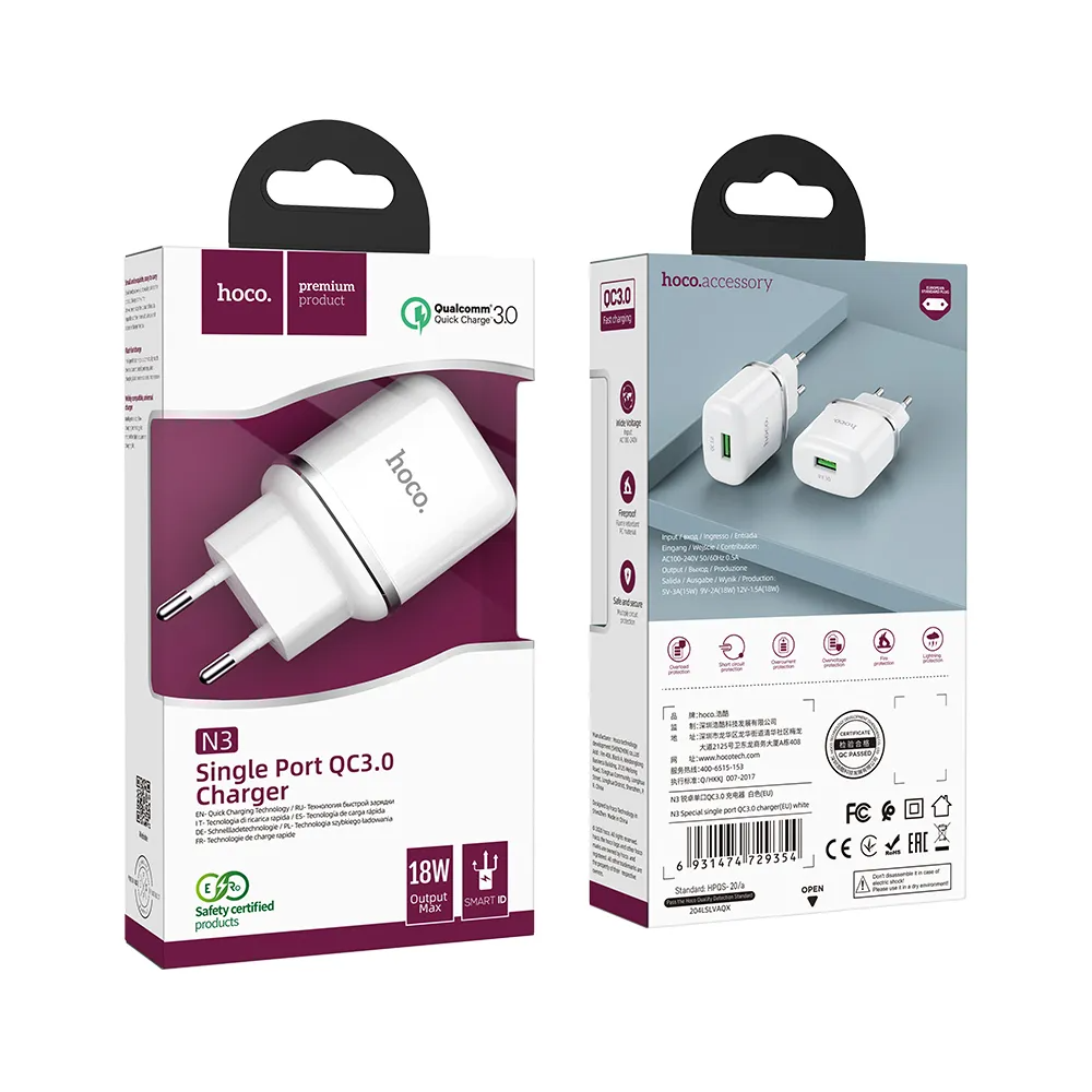 Φορτιστής Δικτύου HOCO N3, 18W, 3A, 1 x USB-A, Λευκό