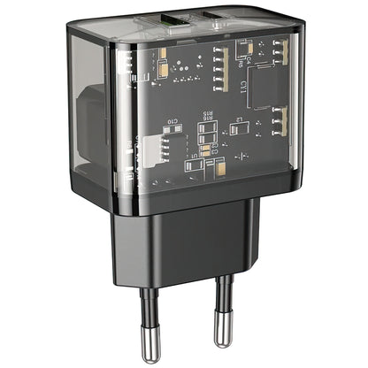 HOCO N34 Network Charger, 20W, 3A, 1 x USB-A - 1 x USB-C, Transparent