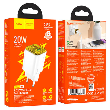 Φορτιστής Δικτύου HOCO N52, 20W, 3A, 1 x USB-A - 1 x USB-C, Λευκό