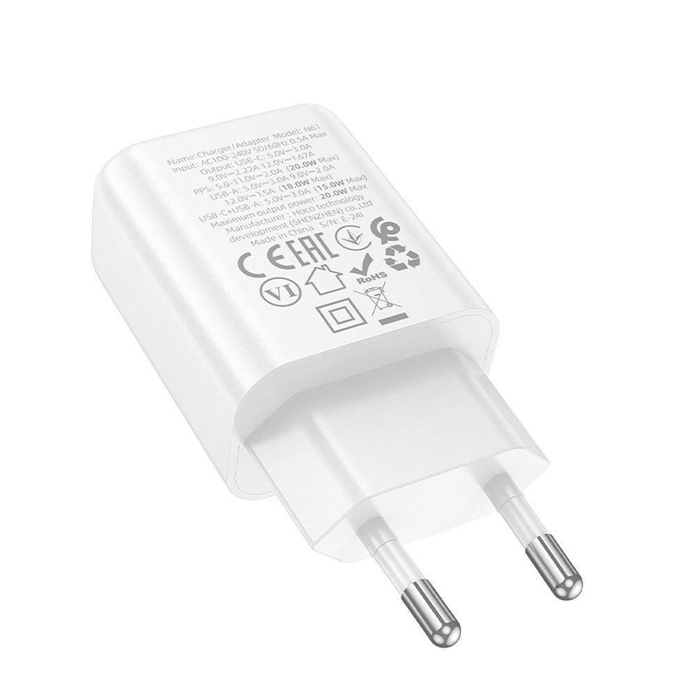 Φορτιστής Δικτύου HOCO N61, 20W, 3A, 1 x USB-A - 1 x USB-C, Λευκό