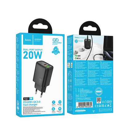 Φορτιστής Δικτύου HOCO N61, 20W, 3A, 1 x USB-A - 1 x USB-C, Μαύρο