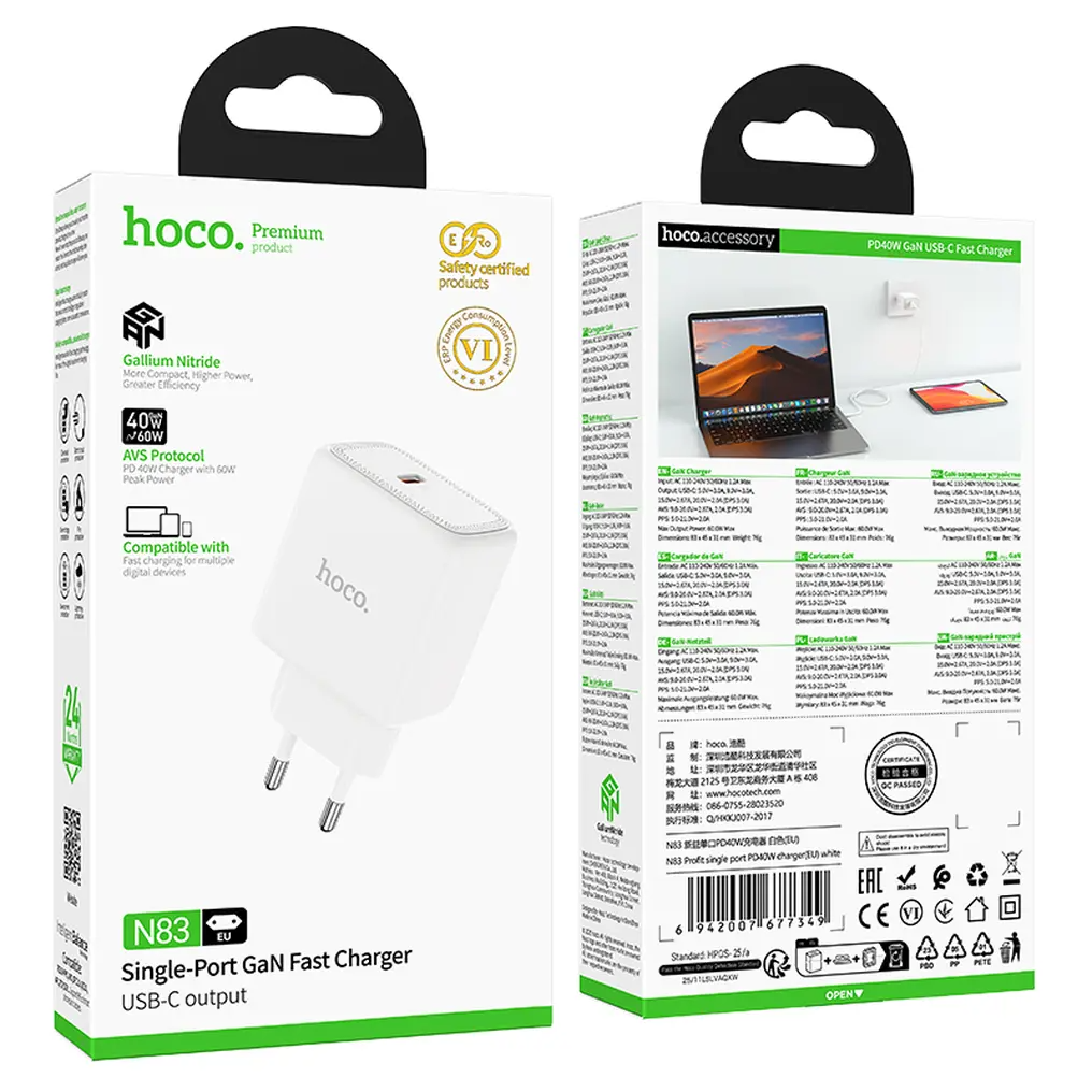 HOCO N83 Wall Charger, 40W, 3A, 1 x USB-C, White