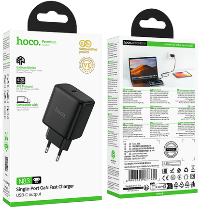 HOCO N83 Wall Charger, 40W, 3A, 1 x USB-C, Black