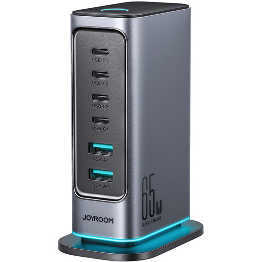 Φορτιστής Σταθμός Joyroom JR-TCM02, 65W, 3.25A, 2 x USB-A - 4 x USB-C, Γκρι