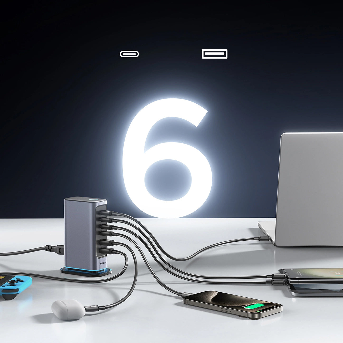Φορτιστής Σταθμός Joyroom JR-TCM02, 65W, 3.25A, 2 x USB-A - 4 x USB-C, Γκρι
