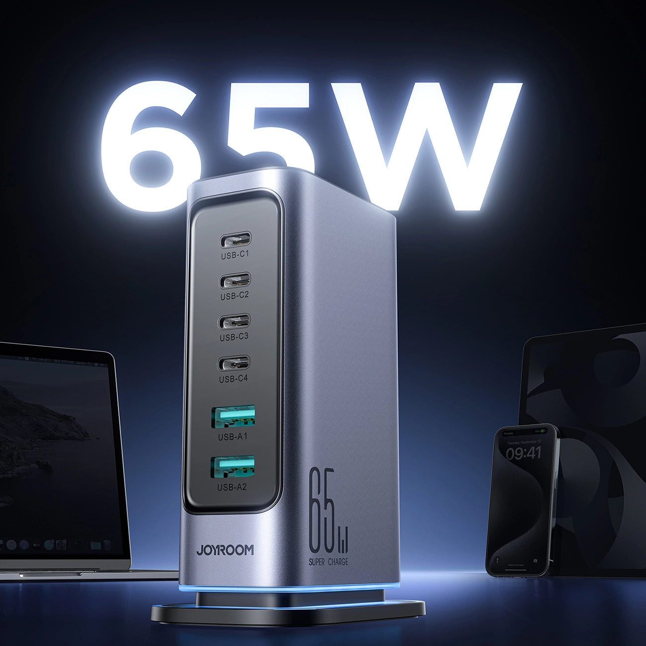 Φορτιστής Σταθμός Joyroom JR-TCM02, 65W, 3.25A, 2 x USB-A - 4 x USB-C, Γκρι