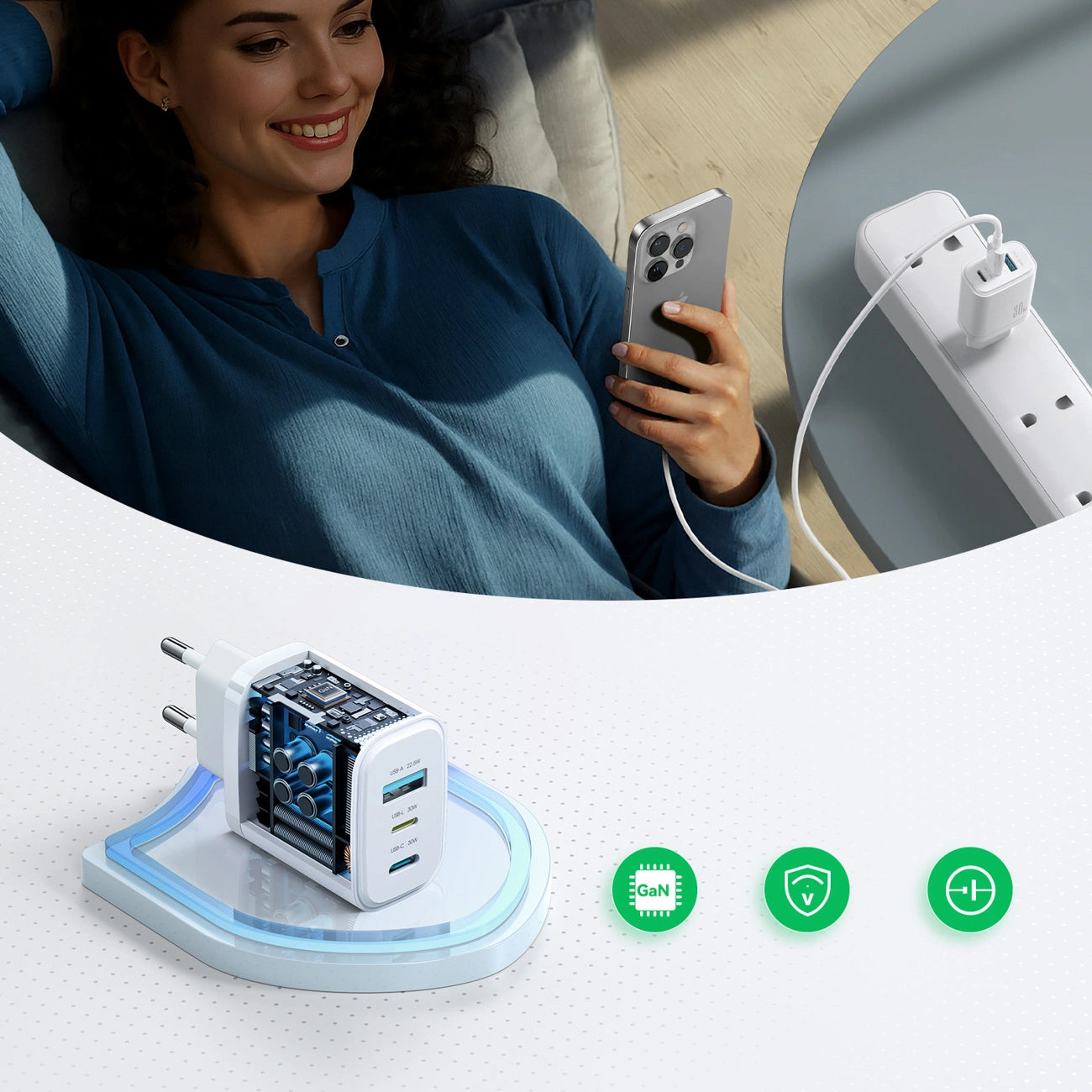 Joyroom JR-TG6 Network Charger, 30W, 3A, 1 x Lightning - 1 x USB-A - 1 x USB-C, White