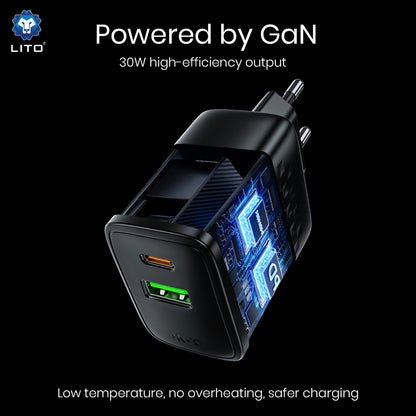 Φορτιστής Δικτύου Lito LC19, 30W, 3A, 1 x USB-A - 1 x USB-C, Μαύρο