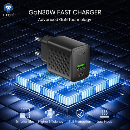 Φορτιστής Δικτύου Lito LC19, 30W, 3A, 1 x USB-A - 1 x USB-C, Μαύρο