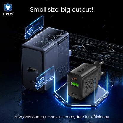 Φορτιστής Δικτύου Lito LC19, 30W, 3A, 1 x USB-A - 1 x USB-C, Μαύρο