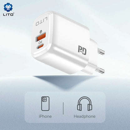 Lito LC28 Network Charger, 20W, 3A, 1 x USB-A - 1 x USB-C, White