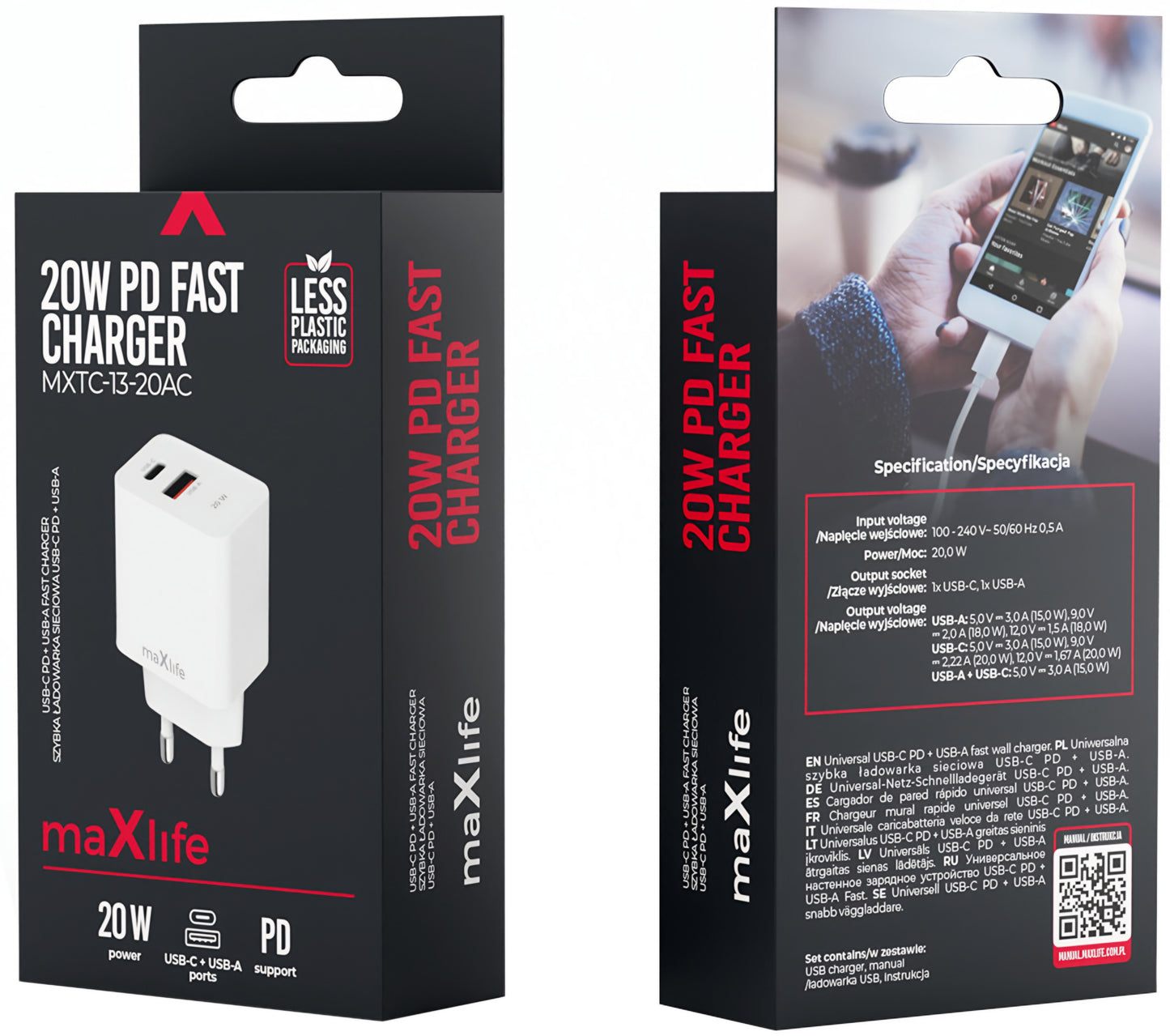Φορτιστής Δικτύου MaXlife MXTC-13-20AC, 20W, 3A, 1 x USB-A - 1 x USB-C, Λευκό