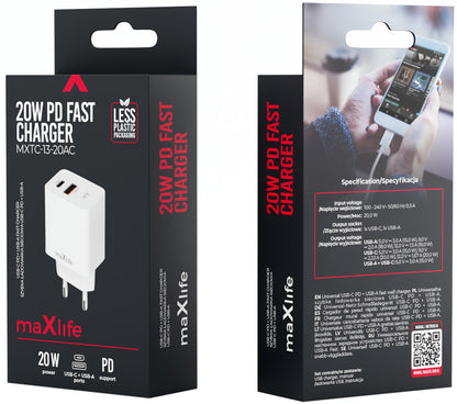 Φορτιστής Δικτύου MaXlife MXTC-13-20AC, 20W, 3A, 1 x USB-A - 1 x USB-C, Λευκό