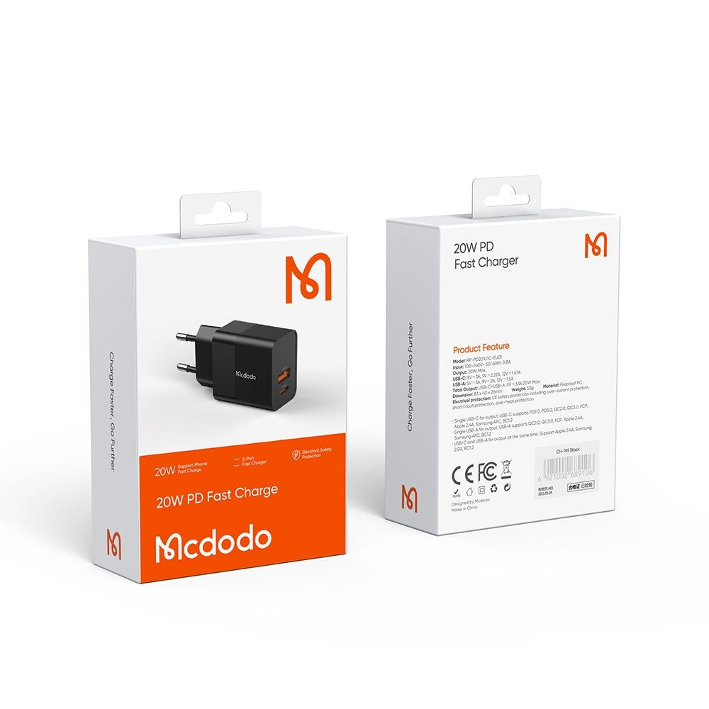 Φορτιστής Δικτύου McDodo CH-1951 Hydrogen, 20W, 3A, 1 x USB-A - 1 x USB-C, Μαύρο