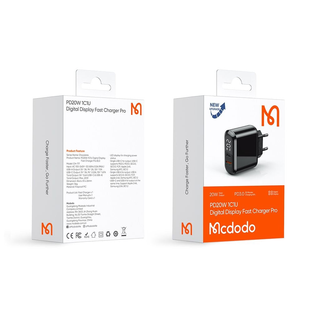 Φορτιστής Δικτύου McDodo CH-7170 Chocolate Display, 20W, 3A, 1 x USB-A - 1 x USB-C, Μαύρο