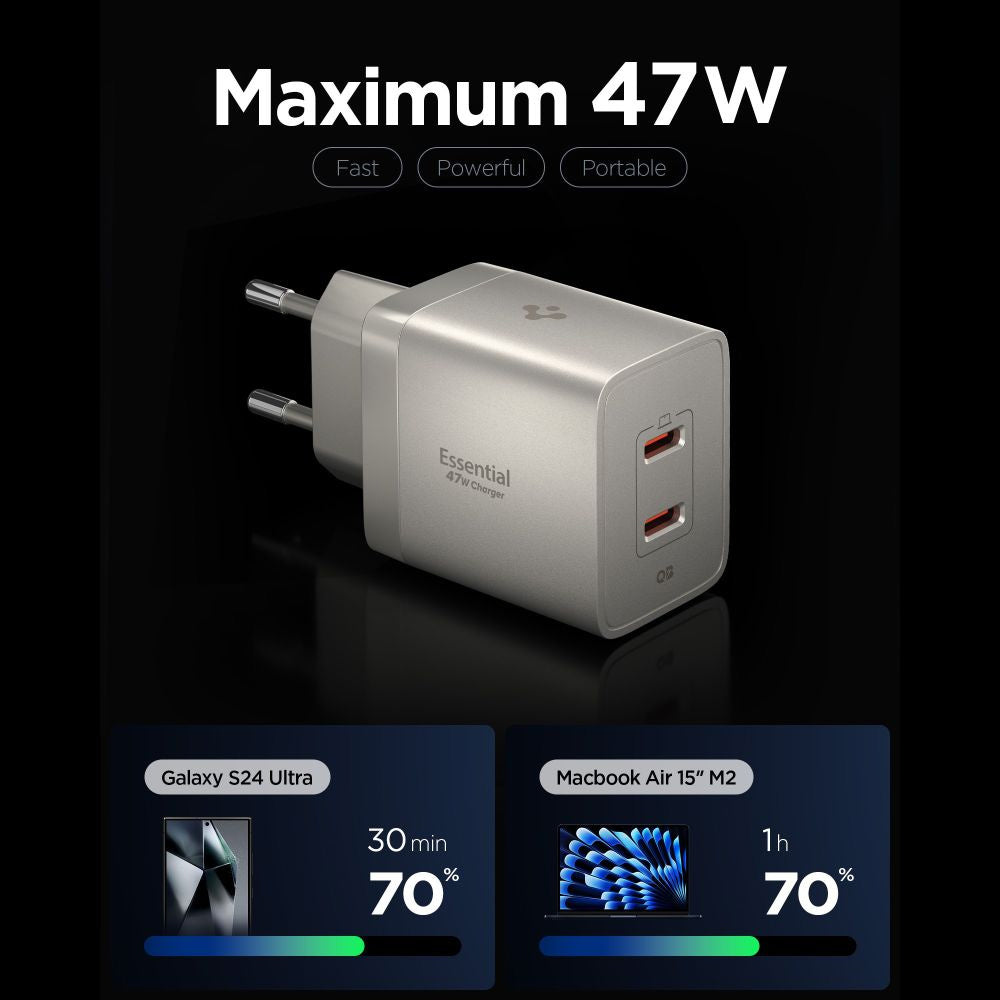 Φορτιστής Δικτύου Spigen EE472EU Essential, 47W, 3A, 2 x USB-C, Γκρι Τιτάνιο ACH10451