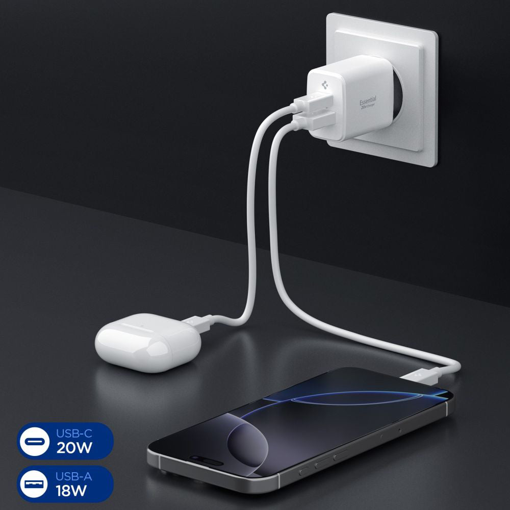 Φορτιστής Δικτύου Spigen Essential, 20W, 3A, 1 x USB-A - 1 x USB-C, Λευκό ACH08704